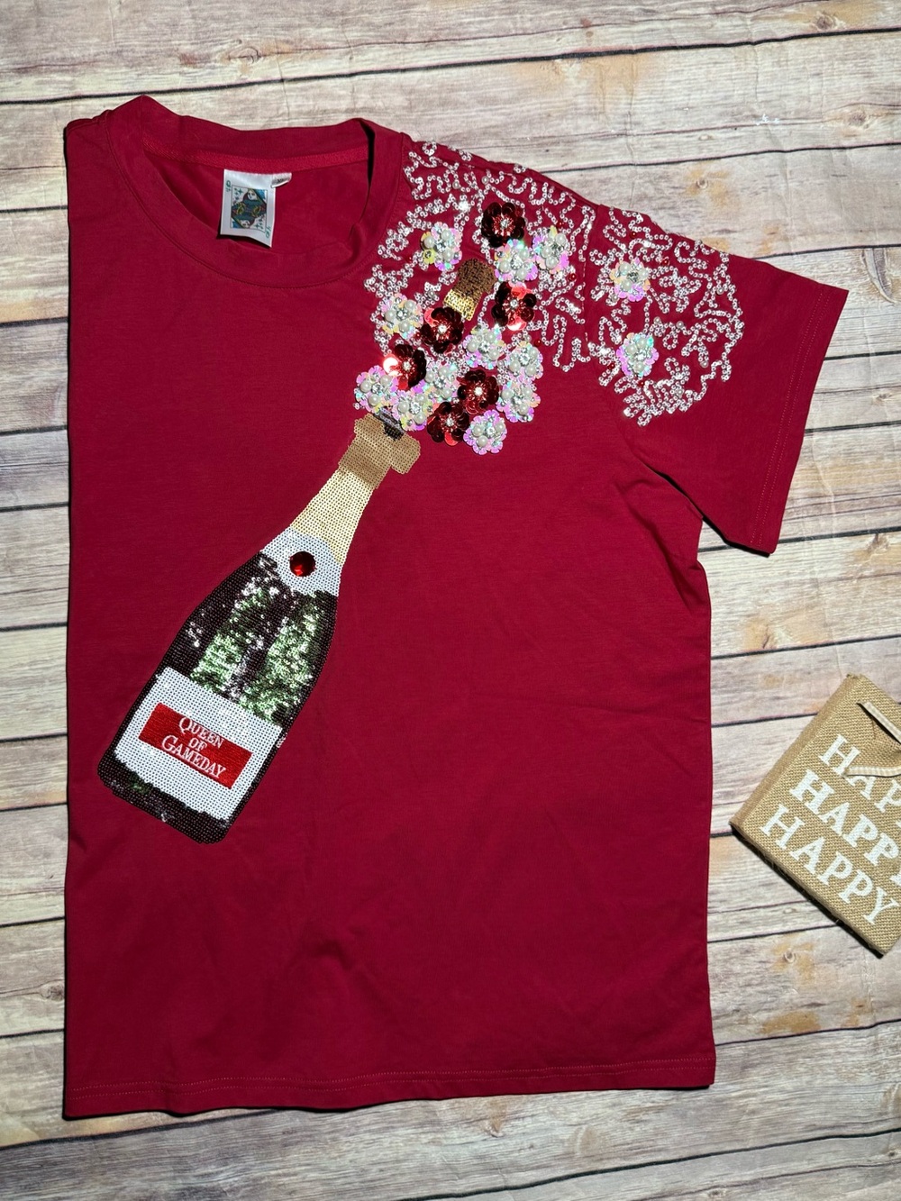 Queen of Sparkles Queen of GameDay Popping Champagne Tee Size XL